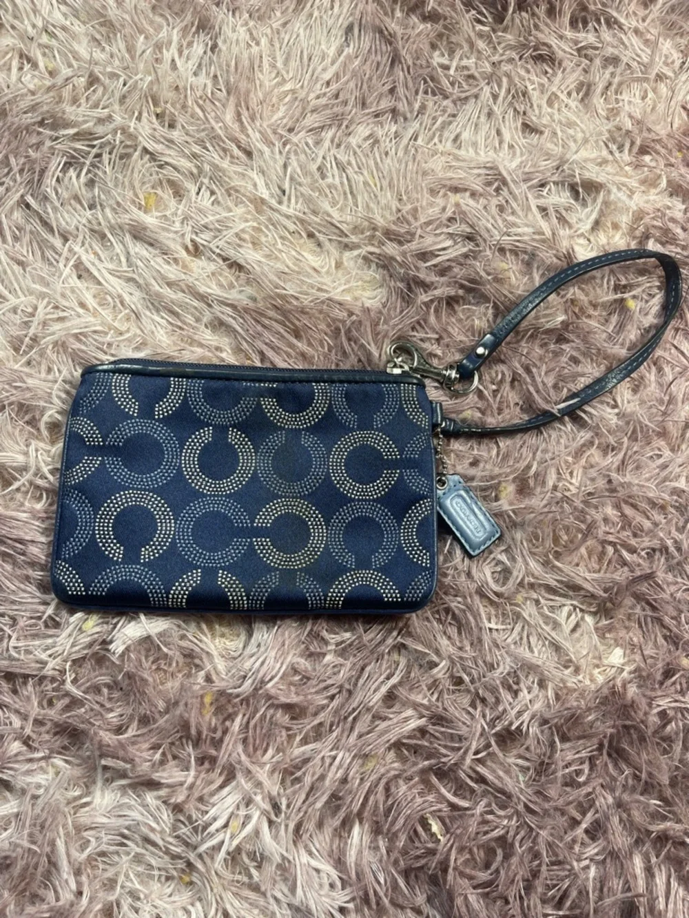 Coach Navy Signature Circle Print Wristlet with Leather Strap - Picture 2 of 3
